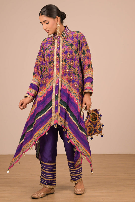 Purple Asymmetric Hem Kurta Set In Crepe Fabric with Canvas Tote Bag