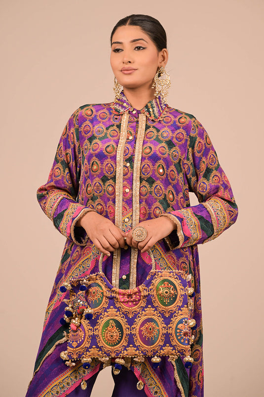 Purple Asymmetric Hem Kurta Set In Crepe Fabric with Canvas Tote Bag