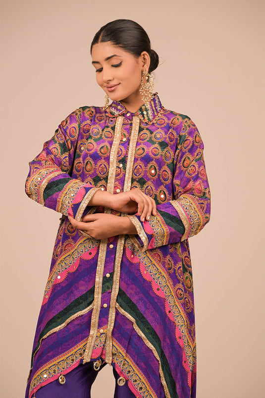 Purple Asymmetric Hem Kurta Set In Crepe Fabric with Canvas Tote Bag