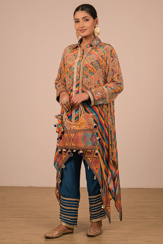 Sapphire Blue Asymmetrical Kurta Set In Crepe Fabric with Canvas Tote Bag