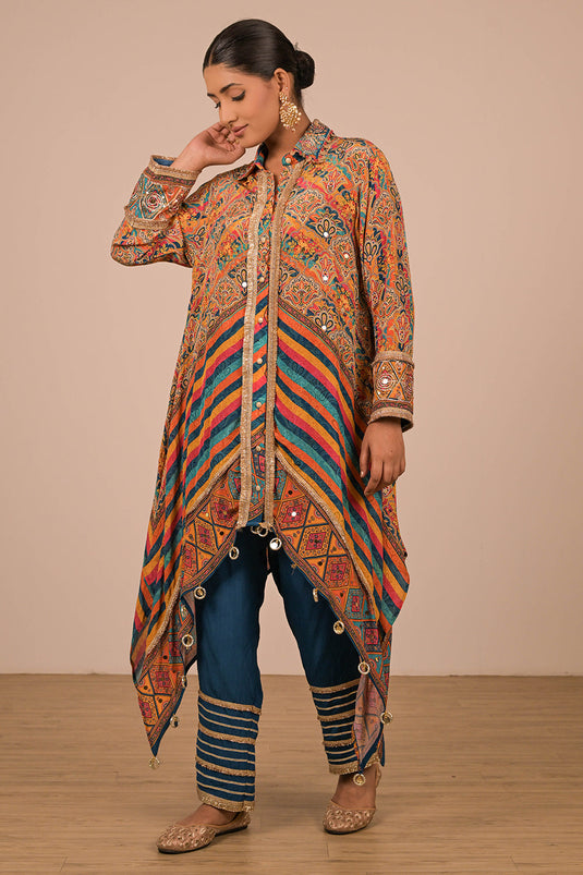 Sapphire Blue Asymmetrical Kurta Set In Crepe Fabric with Canvas Tote Bag