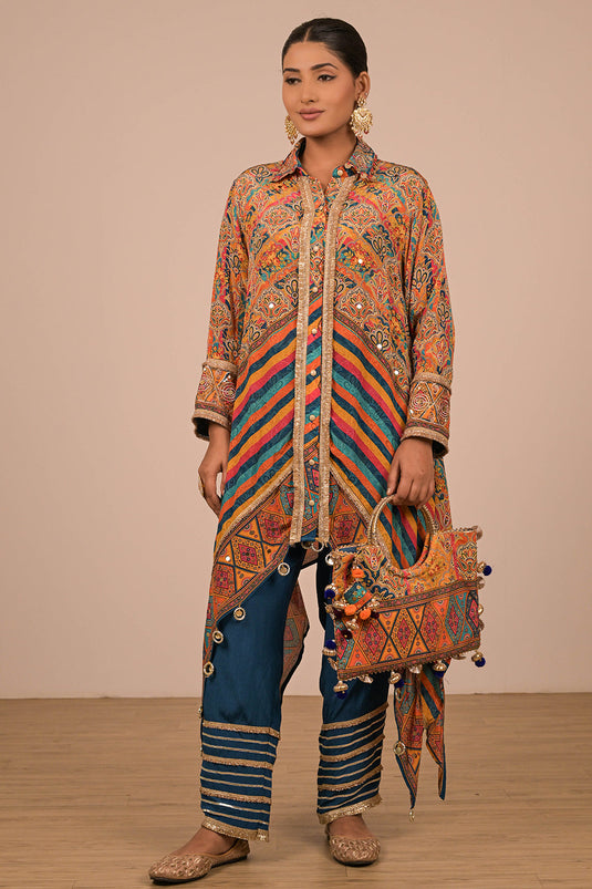 Sapphire Blue Asymmetrical Kurta Set In Crepe Fabric with Canvas Tote Bag
