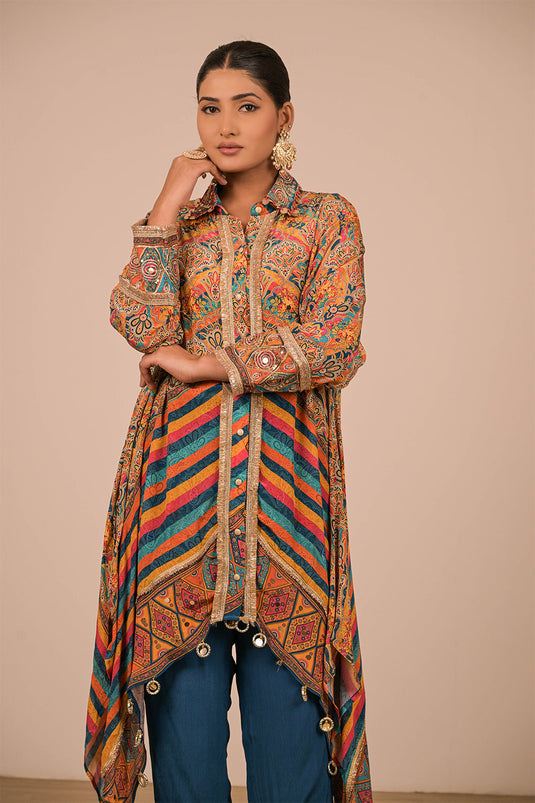 Sapphire Blue Asymmetrical Kurta Set In Crepe Fabric with Canvas Tote Bag