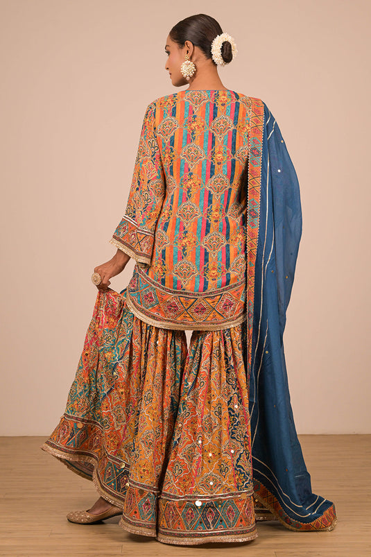 Sapphire Blue Crepe Sharara Set with Canvas Tote Bag with Vibrant Print Motifs