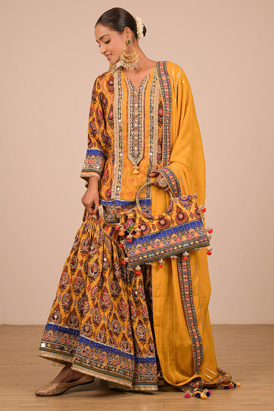 Yellow Crepe Sharara Set with Canvas Tote Bag with Vibrant Print Motifs