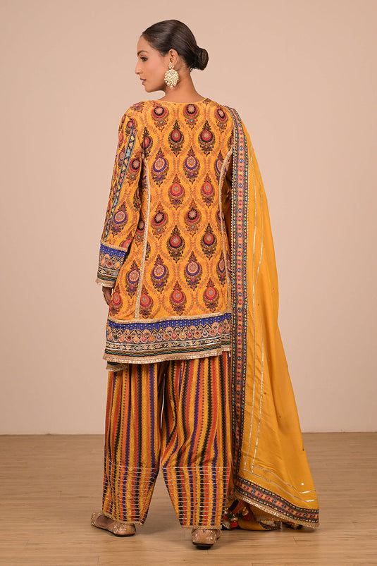 Yellow Crepe Suit Set with Farsi Salwar with Canvas Tote Bag