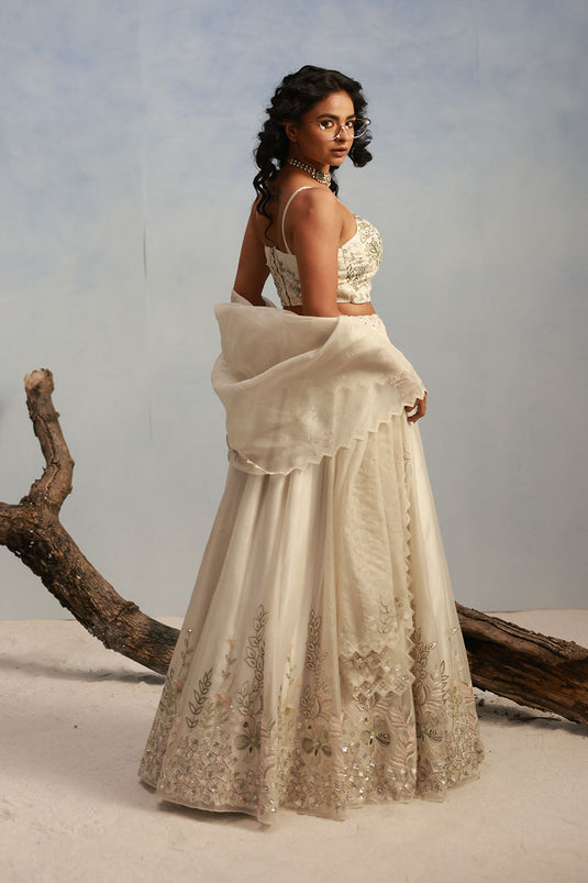 Ivory Bridal Lehenga With All-Over Sequin And Thread Embroidery