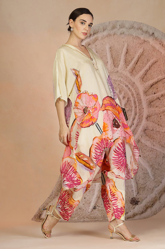 Ivory Coral Printed Kurta Set in Muslin Silk with Bead Detailing