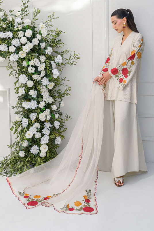 Ivory Embroidered Cotton Kurta with Palazzo Salwar & Dupatta