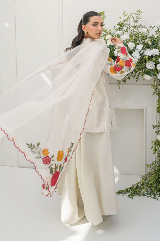 Ivory Embroidered Cotton Kurta with Palazzo Salwar & Dupatta