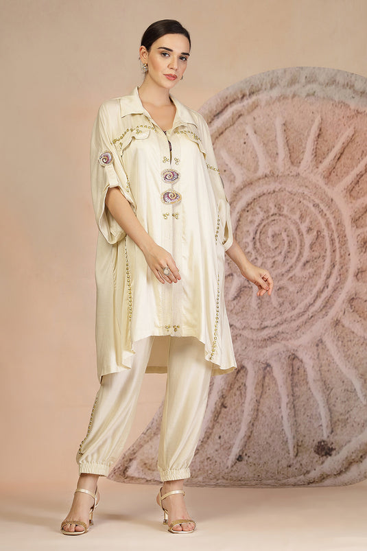 Ivory Muslin Co-ord Set with Shrug and Bead Embellishments