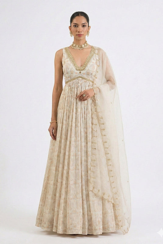 Ivory print hand embroidered Anarkali with hand embroidered dupatta