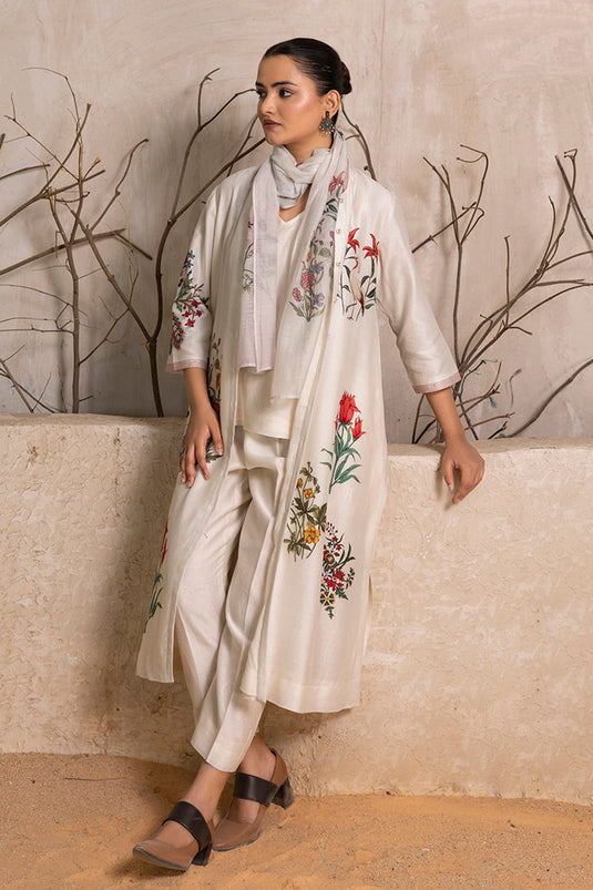 Ivory Silk Chanderi Floral Printed Stole