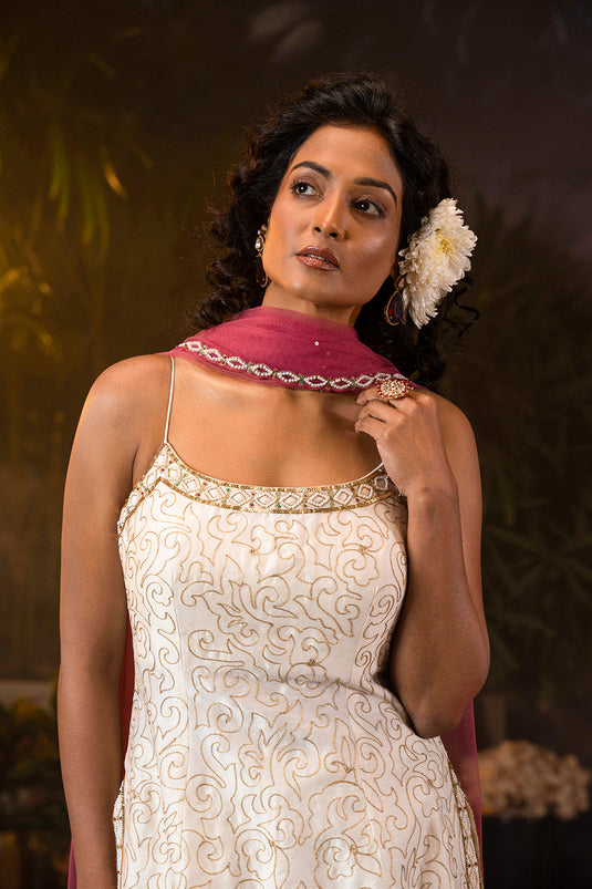 Ivory Silk Chanderi Spaghetti Kurti,Sharara Set Paired With Onion Pink Dupatta