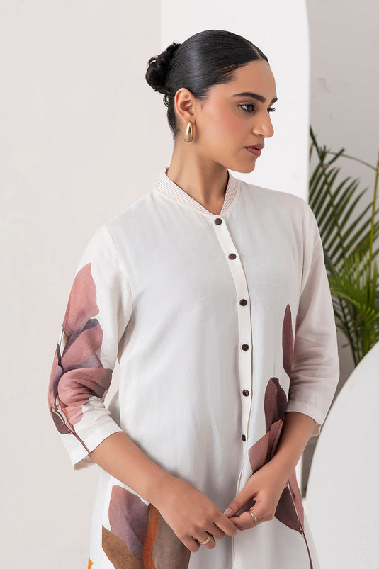 Ivory Viscose Dupion Leaf Printed Dress