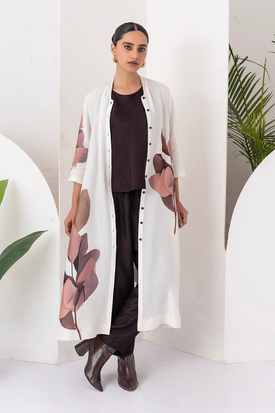 Ivory Viscose Dupion Leaf Printed Dress