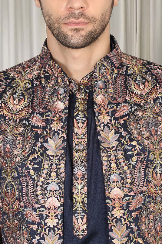 Kashmiriyat Embroidered Long Open Jacket With Kurta And Pants