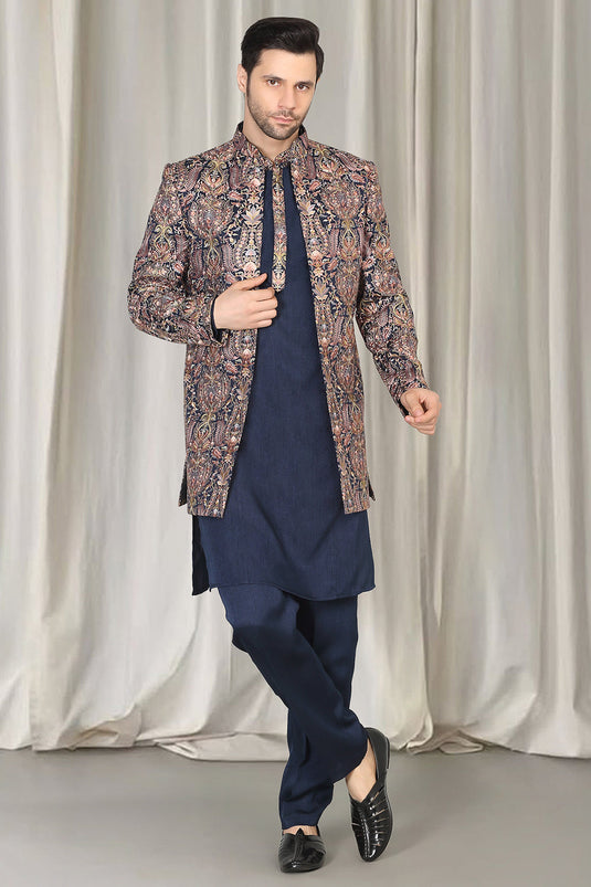 Kashmiriyat Embroidered Long Open Jacket With Kurta And Pants