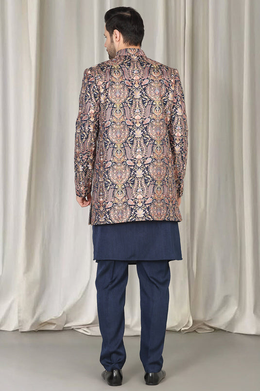 Kashmiriyat Embroidered Long Open Jacket With Kurta And Pants