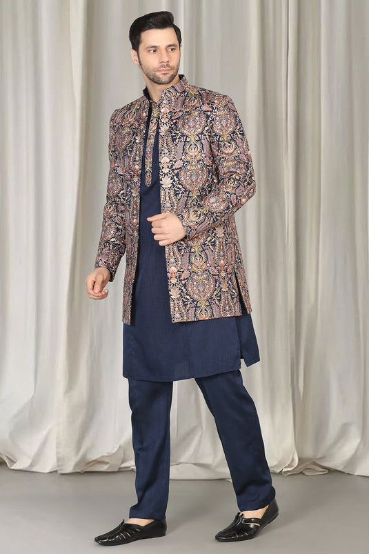 Kashmiriyat Embroidered Long Open Jacket With Kurta And Pants