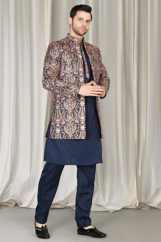 Kashmiriyat Embroidered Long Open Jacket With Kurta And Pants