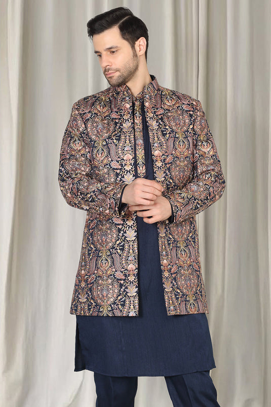Kashmiriyat Embroidered Long Open Jacket With Kurta And Pants