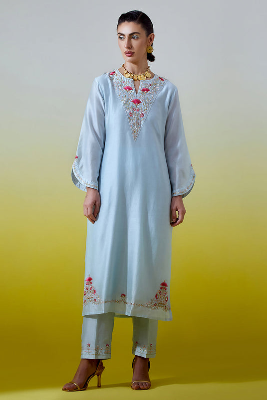 Light Blue Notched neck kurta with pant