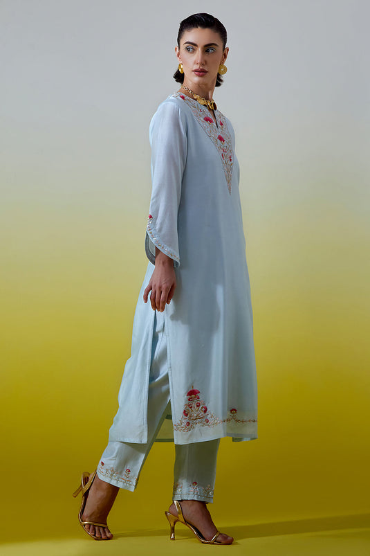 Light Blue Notched neck kurta with pant