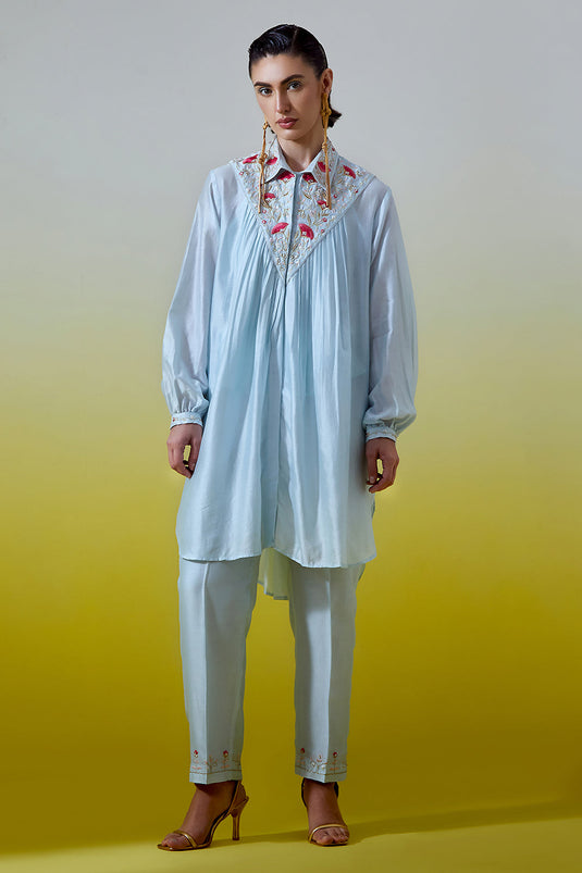 Light Blue Shirt with pintucks and pant