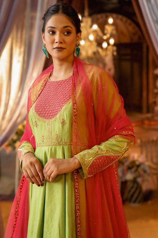 Lime Green And Magenta Peplum With Sharara