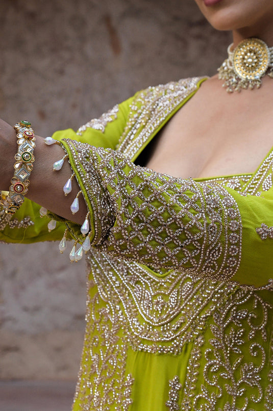 Lime Green Georgette Beads Embroidered Kurta Palazzo Set