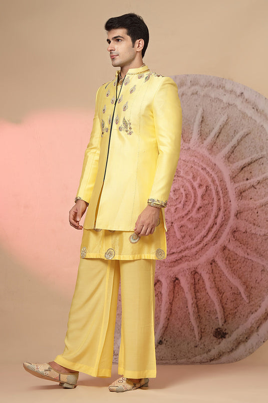 Long Kurta With Embroidery Jacket And Palazzo Pant