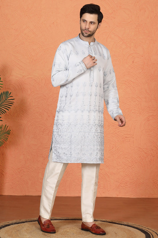 Lucknowi Embroidered Nawaab Saab Kurta with Back Elastic Pants
