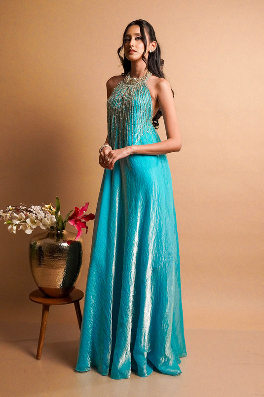 Maris Blue Halter Gown