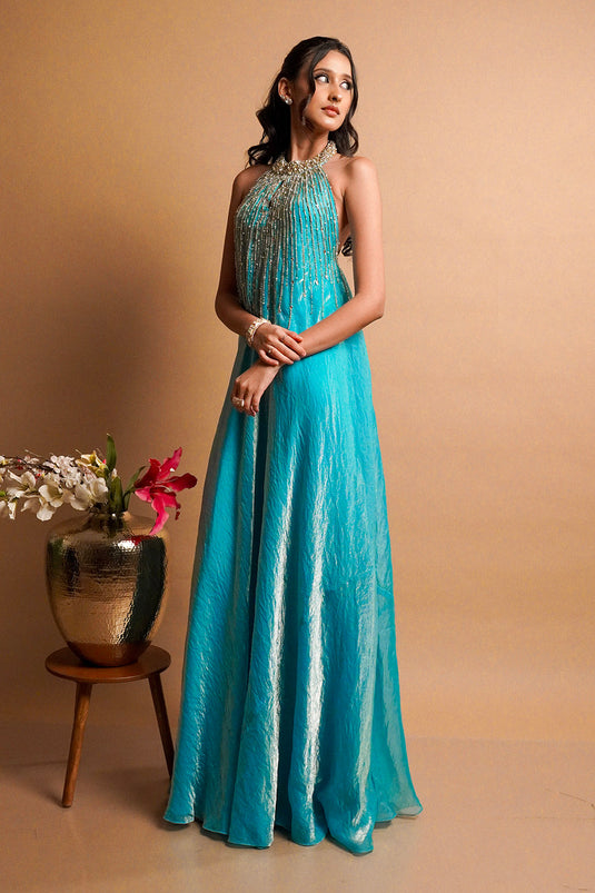 Maris Blue Halter Gown