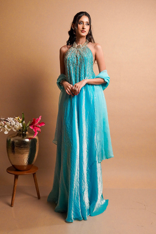 Maris Blue Halter Gown with Dupatta