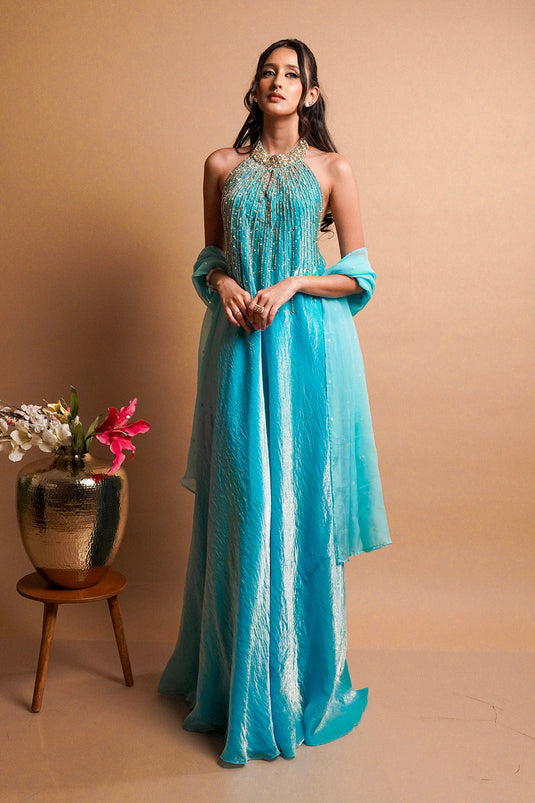 Maris Blue Halter Gown with Dupatta
