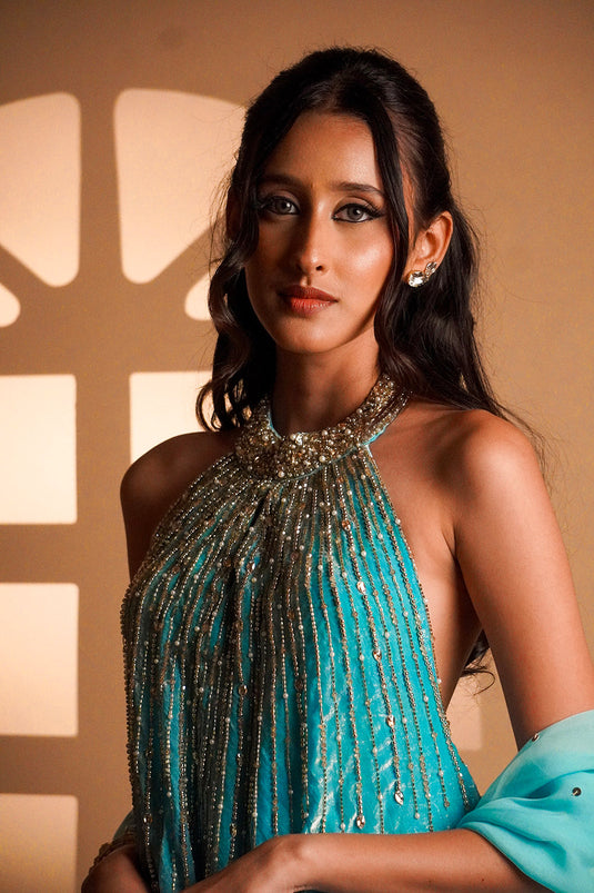 Maris Blue Halter Gown with Dupatta