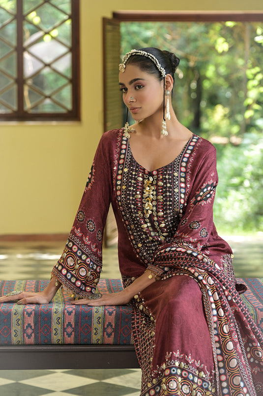 Maroon Crepe A Line Long Kurta Set With Printed Detailing