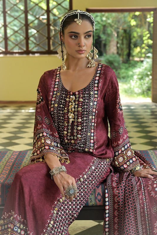 Maroon Crepe A Line Long Kurta Set With Printed Detailing