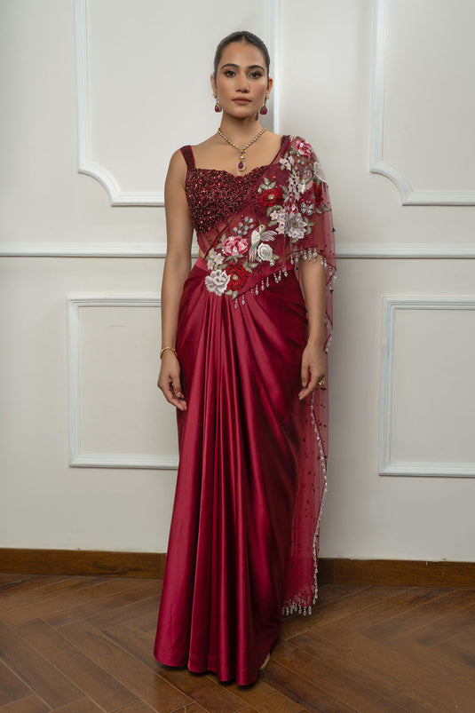 Maroon Drape Saree Set