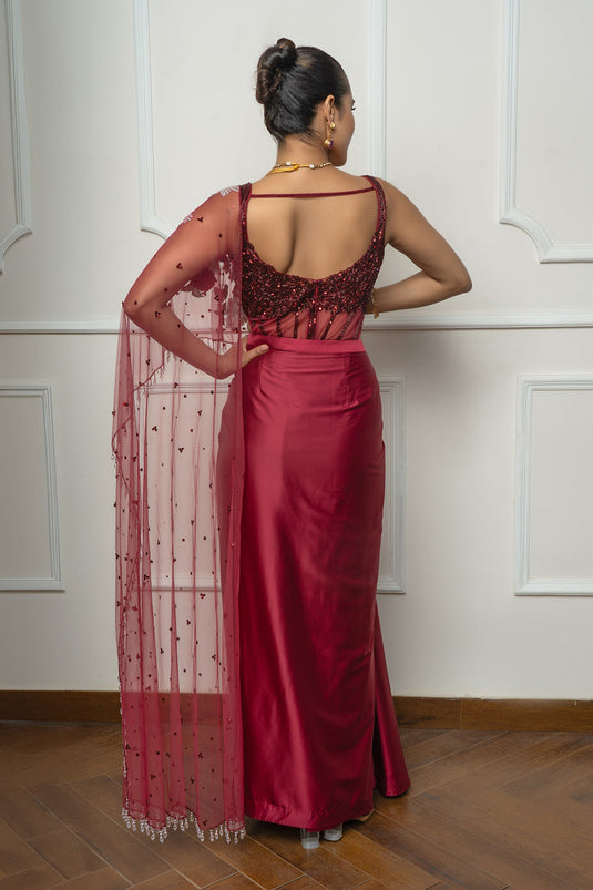 Maroon Drape Saree Set