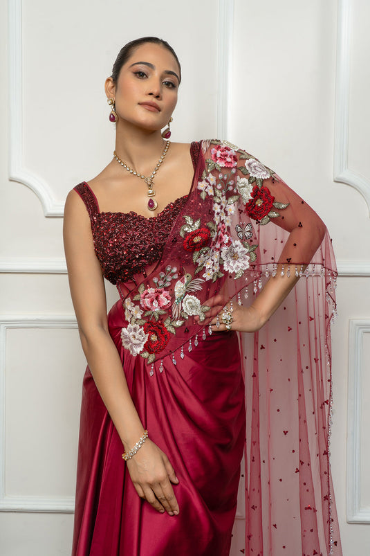 Maroon Drape Saree Set