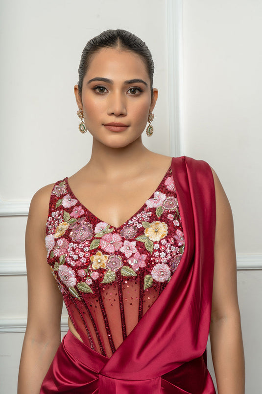 Maroon drape saree set