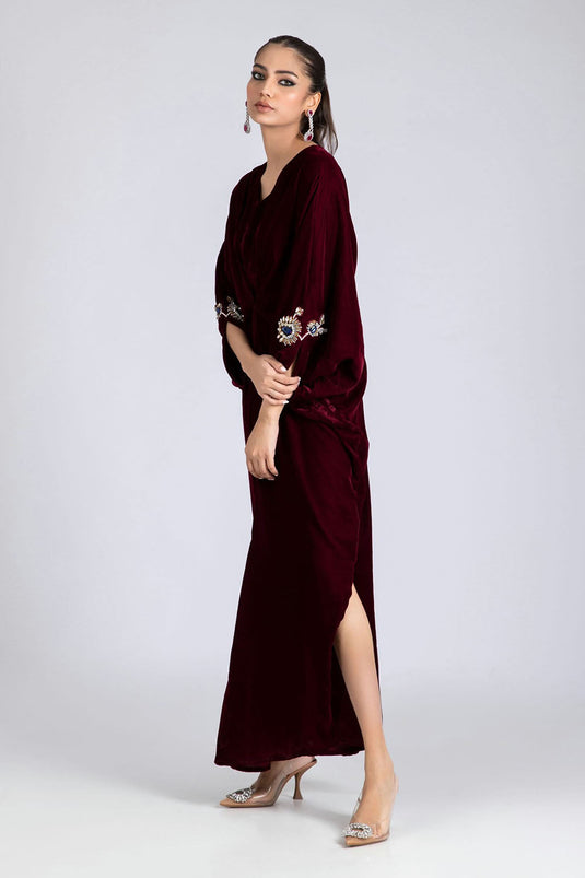 Maroon Royale Embellished Velvet Kaftan