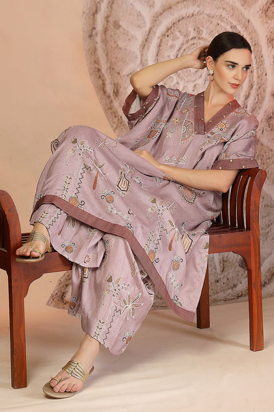 Mauve Slub Cotton Kaftan Kurta Set with Tribal Patchwork & Metallic Detailing
