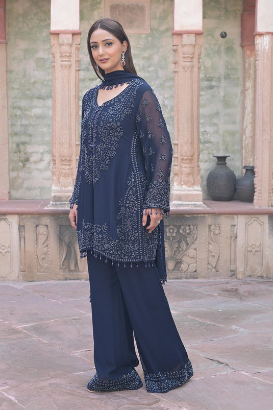 Midnight Blue Georgette Beads Embroidered Kurta Set