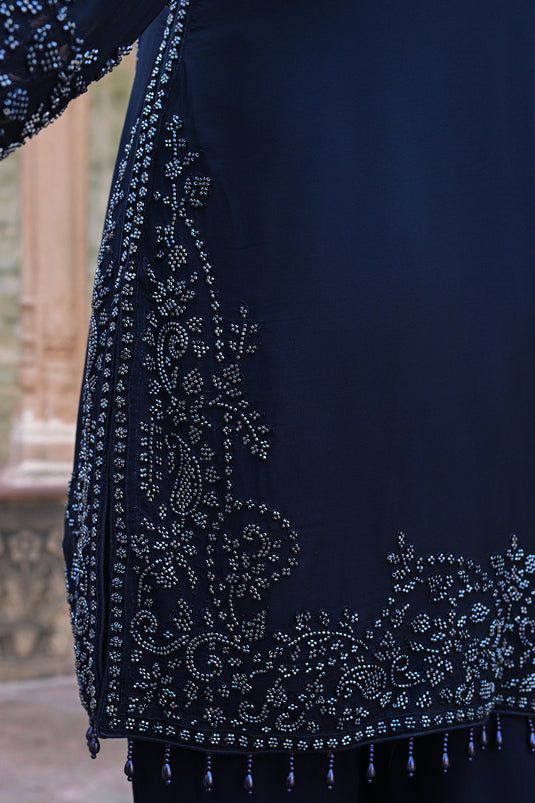 Midnight Blue Georgette Beads Embroidered Kurta Set