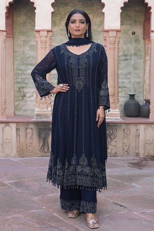 Midnight Blue Georgette Beads Work Anarkali Suit Set