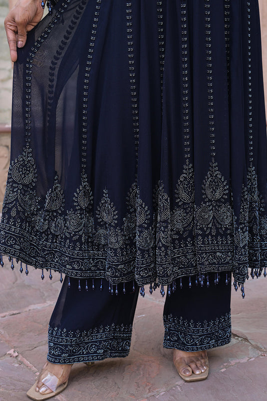 Midnight Blue Georgette Beads Work Anarkali Suit Set